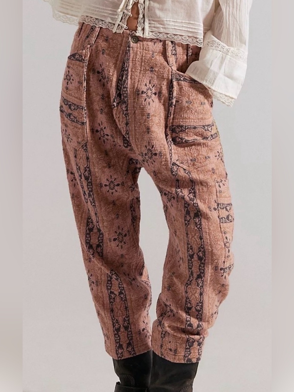 Free People Bay To Breakers Jacquard Pants Sequin @ Sides Rose Smoke Size Medium